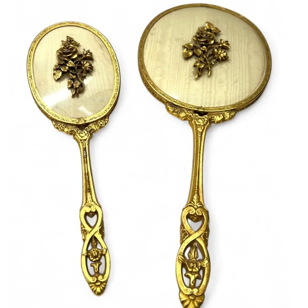 Antique Vintage Brush Mirror Set Hollywood Regency Gold Vanity Decor Dresser